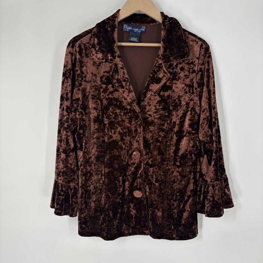 Susan Graver Style Brown Crushed Velvet Blazer Top Size L Ruffle Cuff Boho